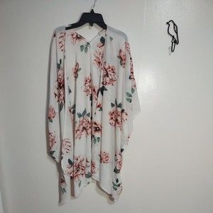 ALTAR'D STATE Women's Sz L Sheer Pink and White Open Floral Kimono Boho Chic